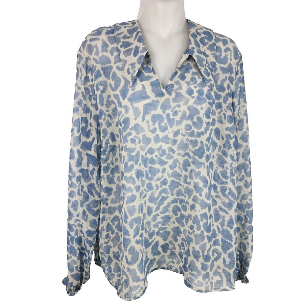 Cabi Pounce Blouse Large Leopard Sheer V Neck Smocked Cuff Animal 6297 Coastal